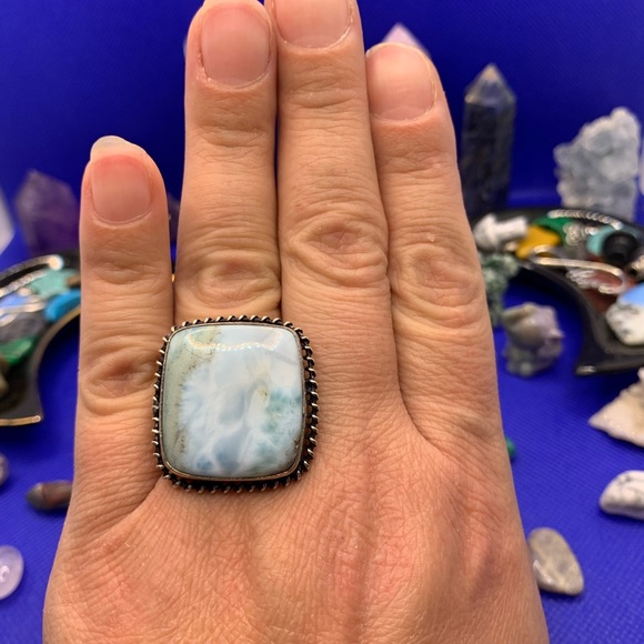 Comfort Curl ADJUSTABLE Big Square Larimar Ring! .925 Sterling Silver Overlay! - Picture 11 of 15